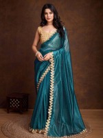 Shiny Peacock Gold Infused Twill Saree